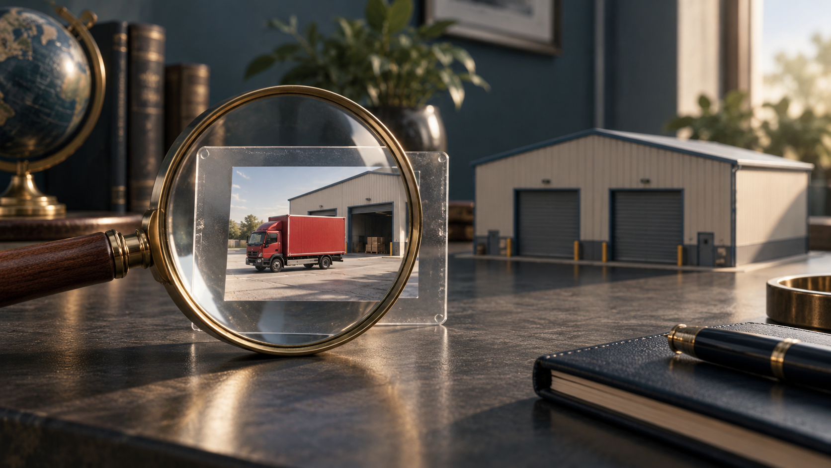 A brass magnifying glass examines a photograph of a red delivery truck beside a separate miniature warehouse with closed doors.
