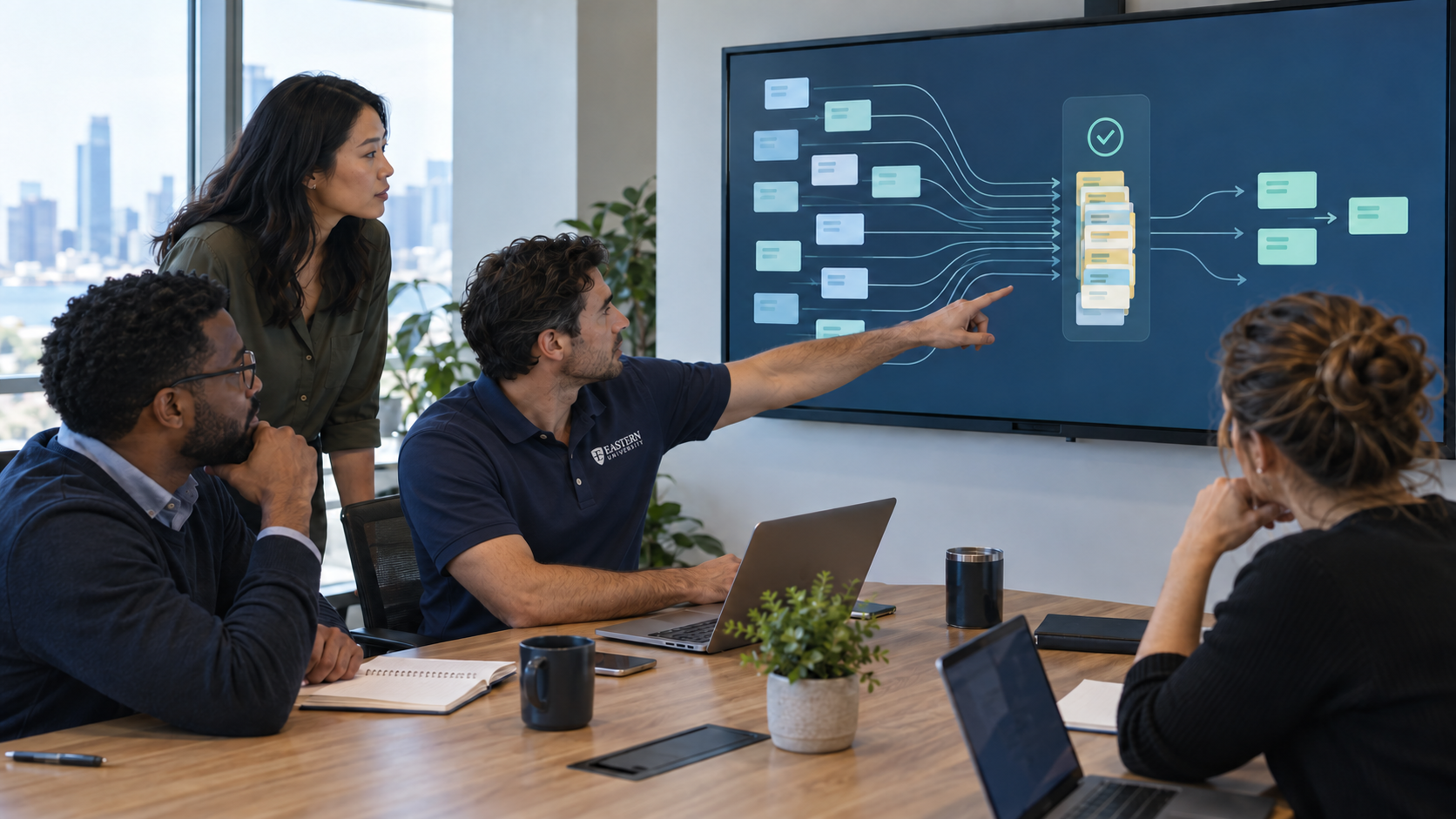 Business leaders examining a workflow display where work items queue at a review and approval stage.