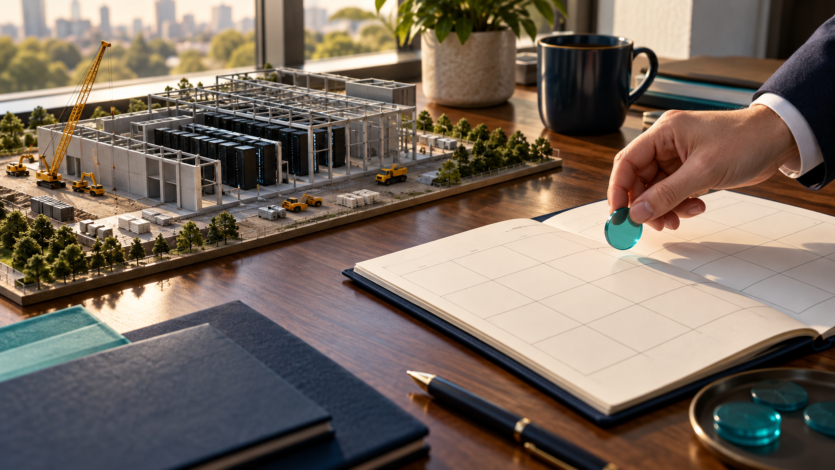 A hand holds a teal milestone marker over a blank calendar beside a model data center under construction.