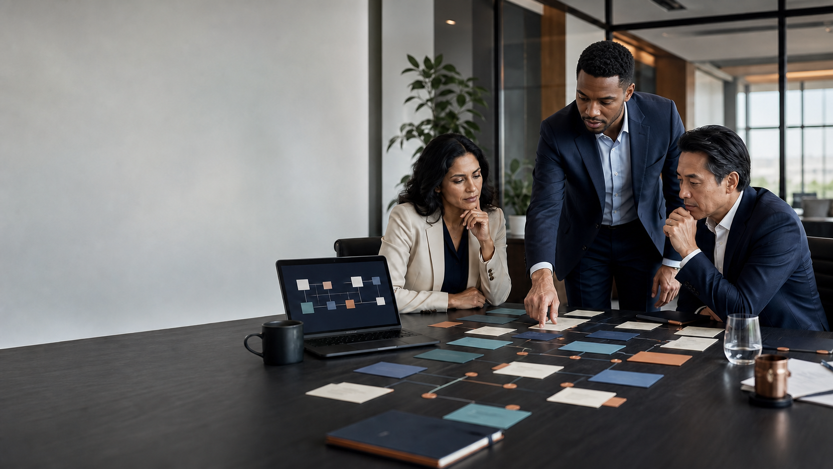 Executives reviewing a workflow redesign and AI operating model at a conference table