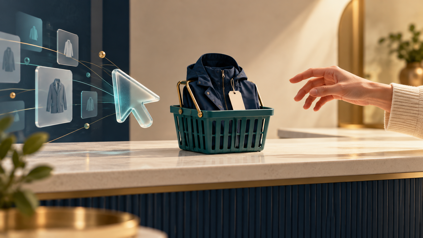 A conceptual jacket-filled shopping basket sits between a translucent cursor and a human hand on a retail counter.