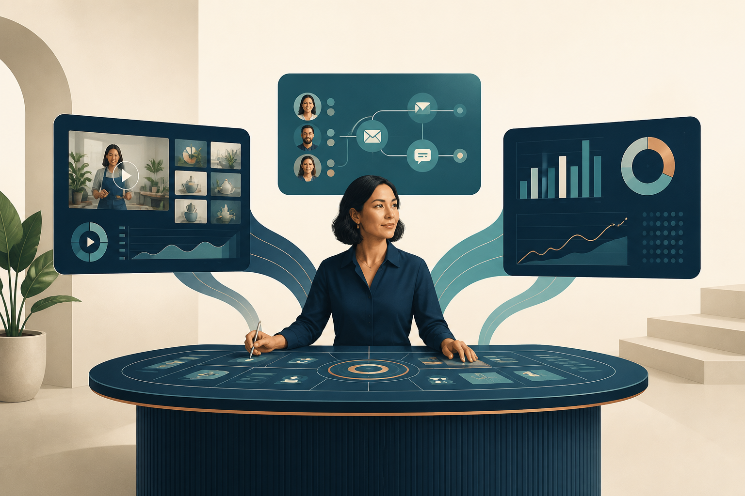 Small-business leader coordinating media, customer follow-up, and operating analytics through one connected AI workflow