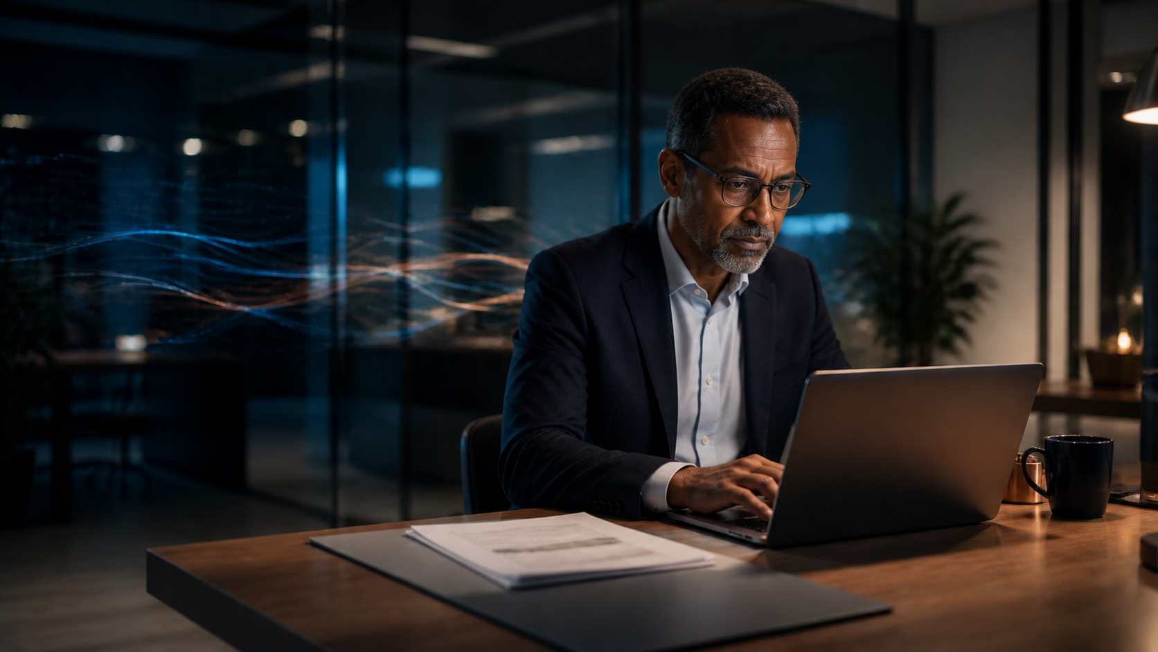 Employee using an AI assistant to analyze a business document while an abstract reflection suggests an unseen data trail